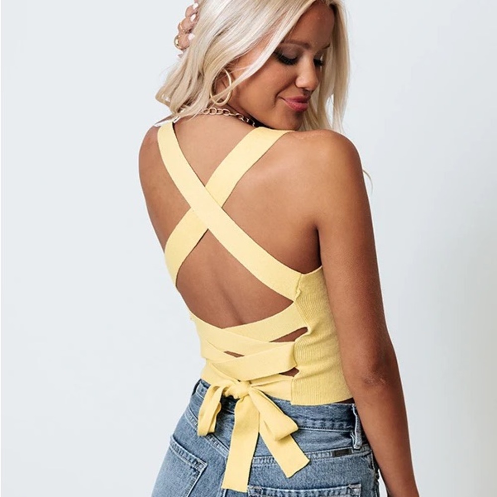 Impressions Boutique FINEST WINE LACE UP CROP TOP IN YELLOW Size small